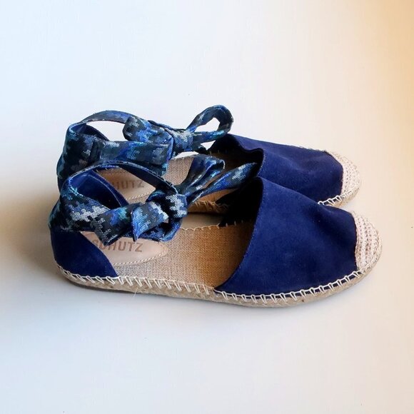 SCHUTZ Blue Suede & Canvas Espadrille Flats with Ties Size 8.5 - Picture 3 of 16
